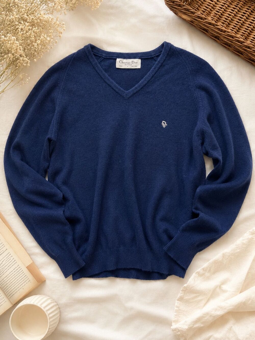 Vintage Christian Dior Monsieur Blue V-Neck Sweater Embroidered Dior  Men’s L